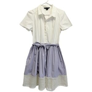 French Connection Shirt Dress Crochet Lace Hem Size 8 Blue White Women